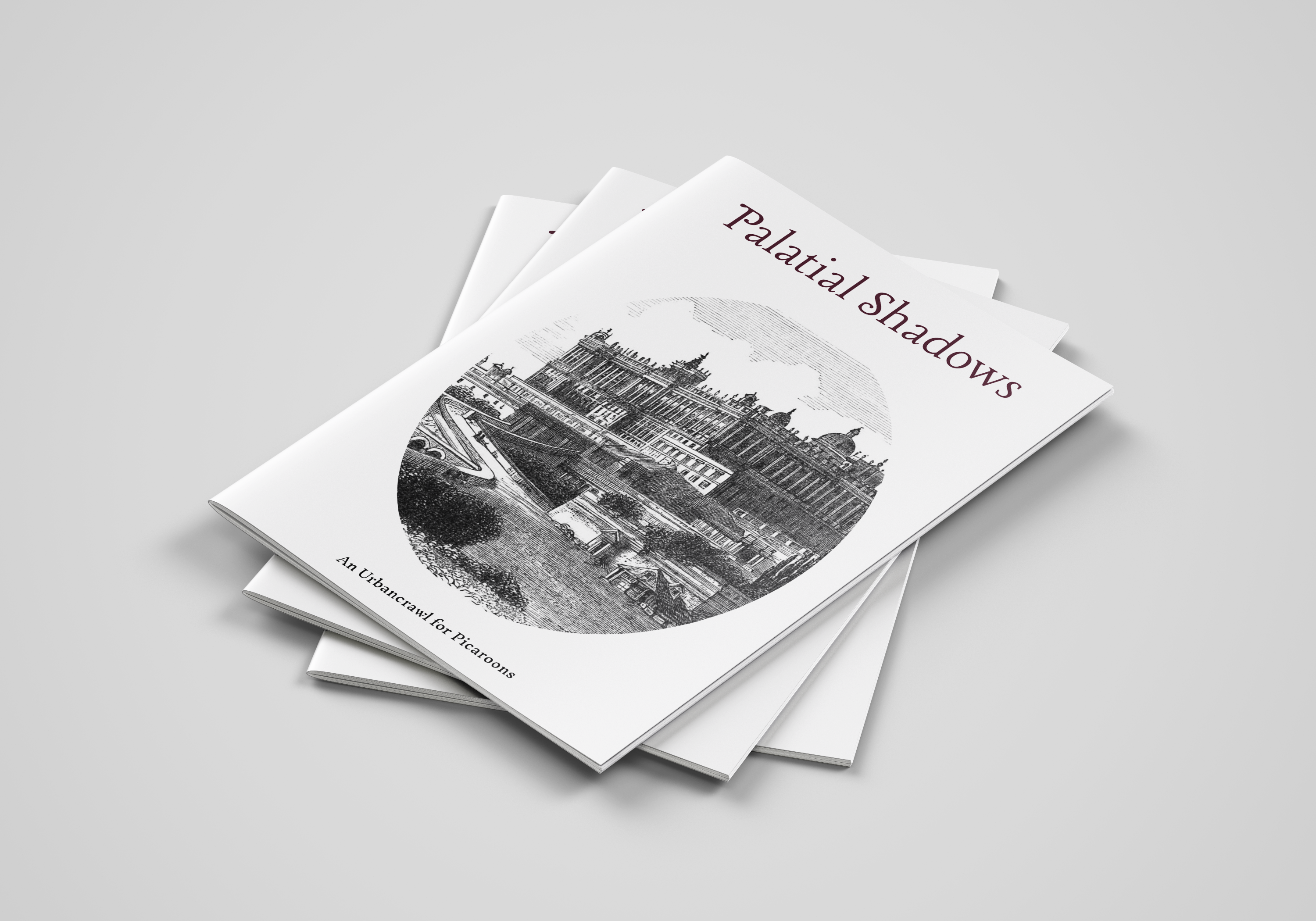 Mockup of the Palatial Shadows zine, featuring an illustration of an opulent Palace set upon a hill overlooking a town