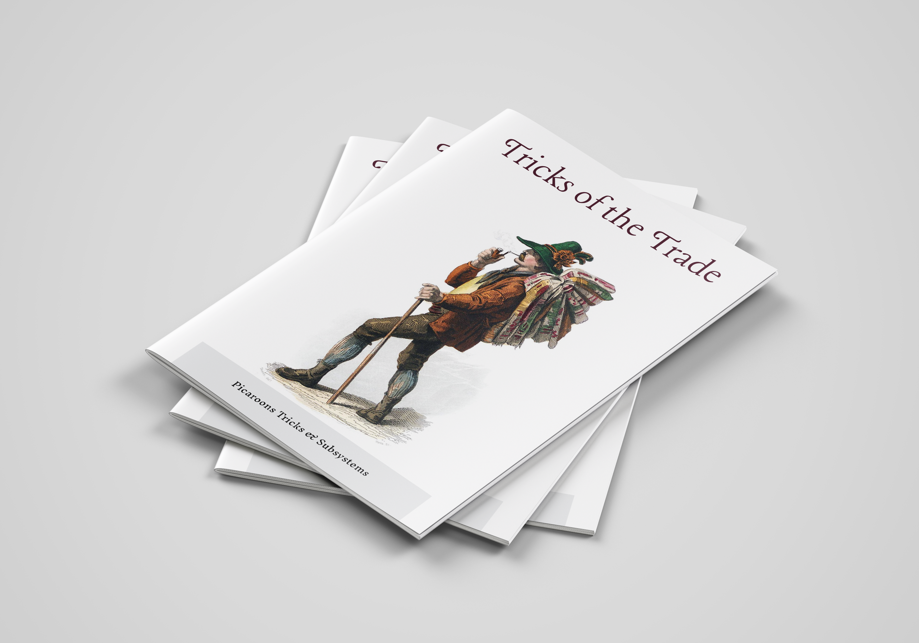 Mockup of the Tricks of the Trade zine, featuring a man in a green hat and rusty brown jacket carrying a walking stick and a bundle of carpets, smoking a pipe